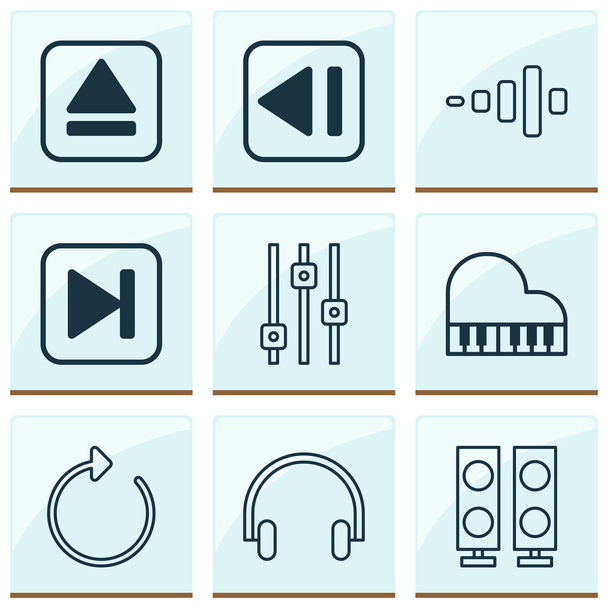 Multimediální ikony se sluchátky, zrychlenou skladbou, ekvalizérem a dalšími prvky. Izolované vektorové ilustrační multimediální ikony. - Vektor, obrázek