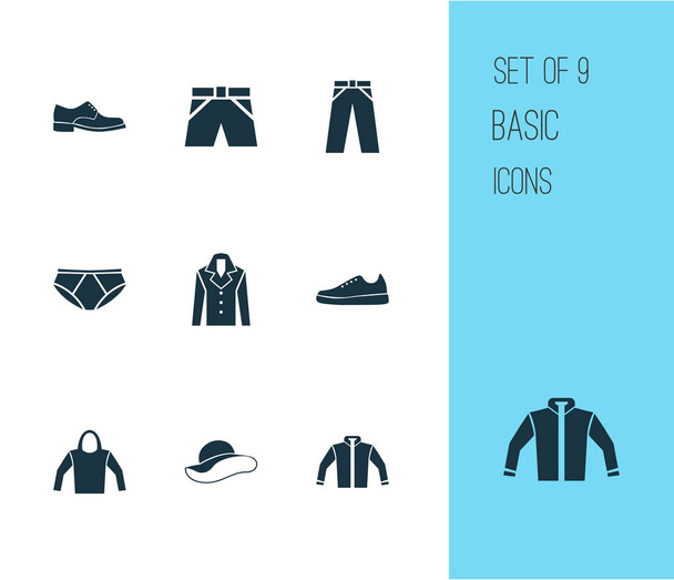 Garment icons set with hoodie, trousers, coat and other pants elements. Isolated vector illustration garment icons. - Vector, Image