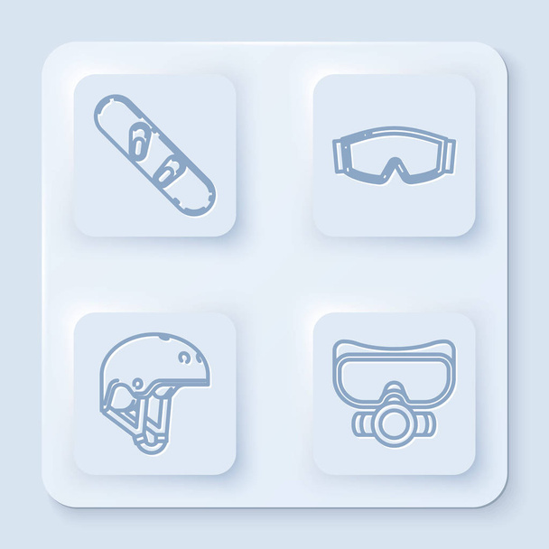 Set line Snowboard, Ski goggles, Helmet and Diving mask. White square button. Vector - ベクター画像