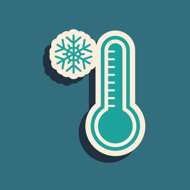 Groene Meteorologie thermometer meten warmte en koude pictogram geïsoleerd op blauwe achtergrond. Thermometer apparatuur toont warm of koud weer. Lange schaduw stijl. Vector Illustratie - Vector, afbeelding