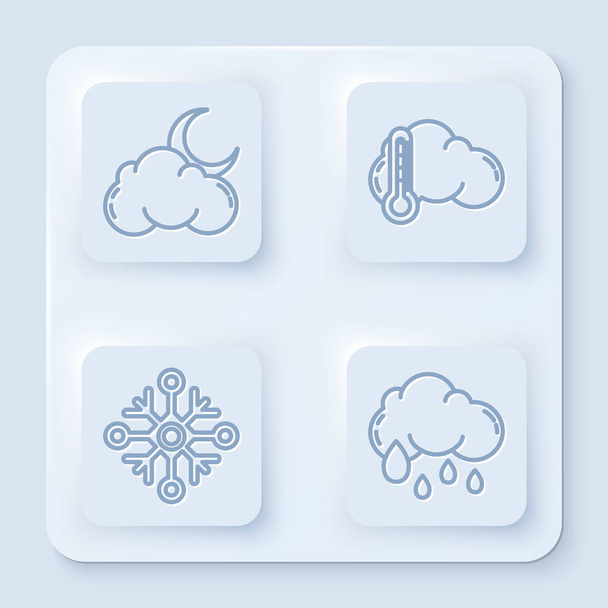 Set line Cloud with moon and stars, Thermometer and cloud, Snowflake and Cloud with rain. White square button. Vector - Διάνυσμα, εικόνα