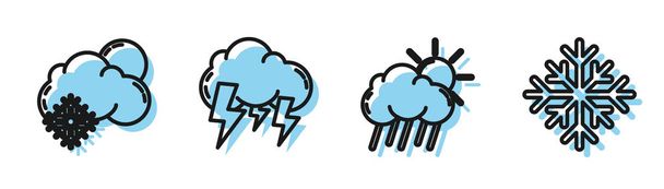 Set line Cloud with rain and sun, Cloud with snow and sun, Storm and Snowflake icon. Vector - ベクター画像