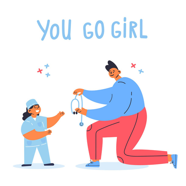 Feminism concept.Motivation.little girl dreams of being a doctor, father supports her.You go girl text.Feminine and feminism ideas, woman empowerment.Cartoon characters.Colorful vector illustration. - Vecteur, image