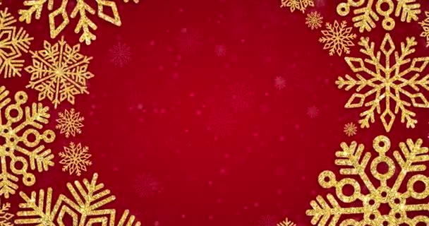 Fondo de Navidad con marco redondo con copos de nieve dorados sobre rojo
 - Imágenes, Vídeo