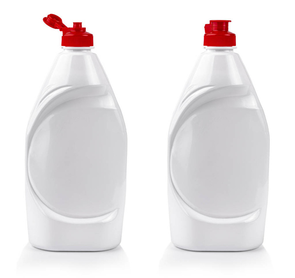 Frasco de plástico branco para detergente líquido com tampa vermelha
 - Foto, Imagem