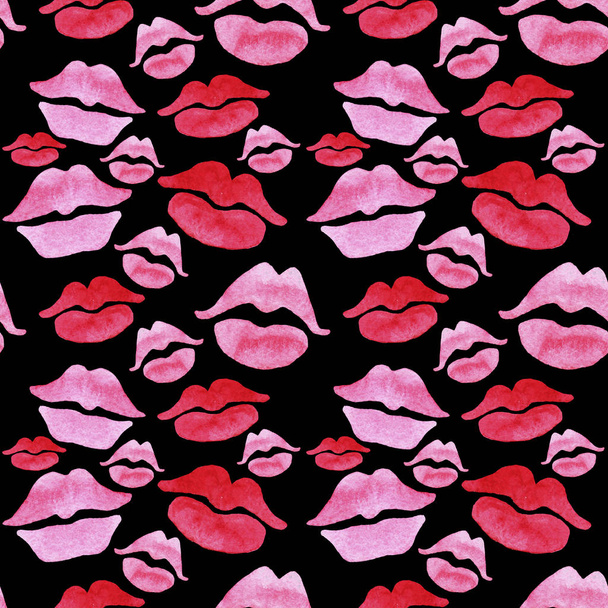 Pattern seamless of lips painted in watercolor on black isolated background. Fashion illustration. Sexy lips design for wallpaper, wrapping, advertising lipstick - Photo, Image