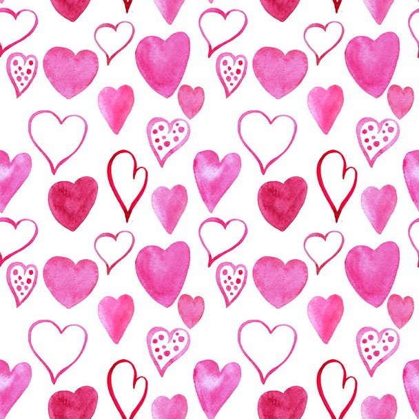 Ручной рисунок акварели День святого Валентина бесшовный узор с розовыми сердцами на белом фоне. Романтический дизайн для открытки, обертывания, обои
. - Фото, изображение