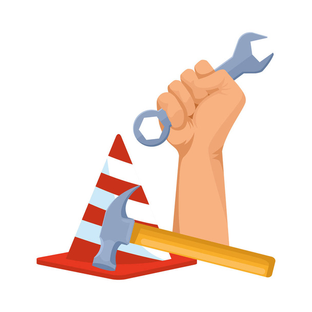mão segurando uma chave e cone de segurança com um martelo
 - Vetor, Imagem