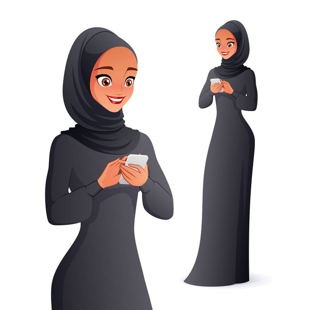 Gyönyörű arab nő hidzsábban, aki mobilon SMS-ezik. Elszigetelt vektor illusztráció. - Vektor, kép
