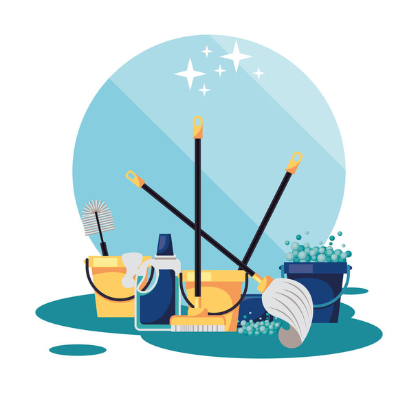 housekepping buckets and tools with bottle - Vector, Image