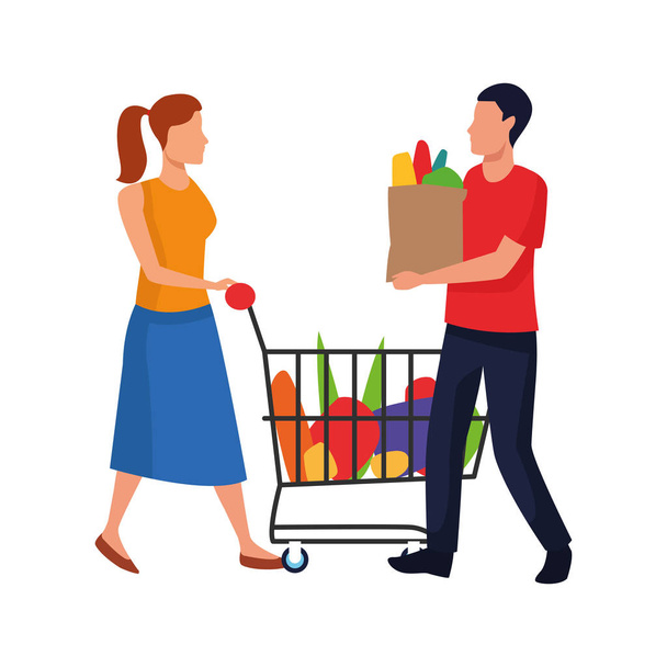man holding a bag and woman with supermarket cart, flat design - Vector, Image