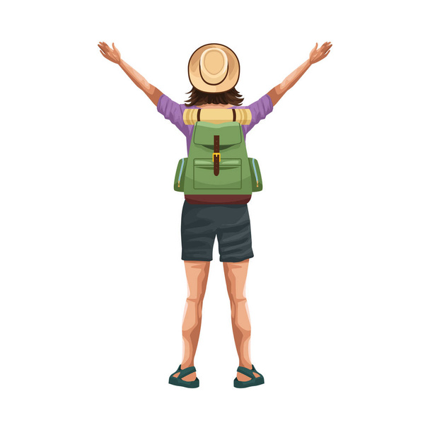 mulher de volta com braços para cima e ícone mochila, design plano
 - Vetor, Imagem