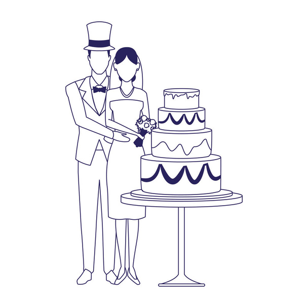 Düğün pastası ikonu etrafında duran evli çift, düz tasarım. - Vektör, Görsel