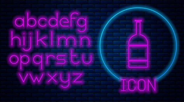 Glowing neon Beer bottle icon isolated on brick wall background. Neon light alphabet. Vector Illustration - Vector, Image
