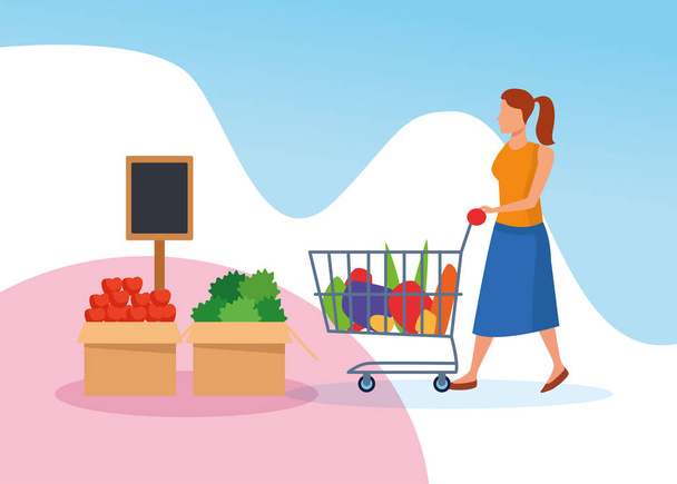 grocery stores with woman shopping character - Vector, Image