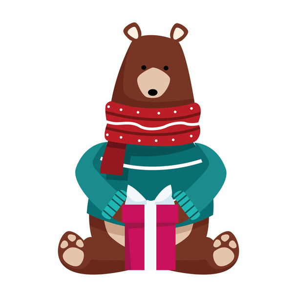 vánoční medvěd s ikonou dárkové krabice - Vektor, obrázek