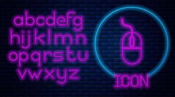 leuchtende Neon-Computer-Maus-Symbol isoliert auf Backsteinwand Hintergrund. Optik mit Radsymbol. Neonlicht-Alphabet. Vektorillustration - Vektor, Bild