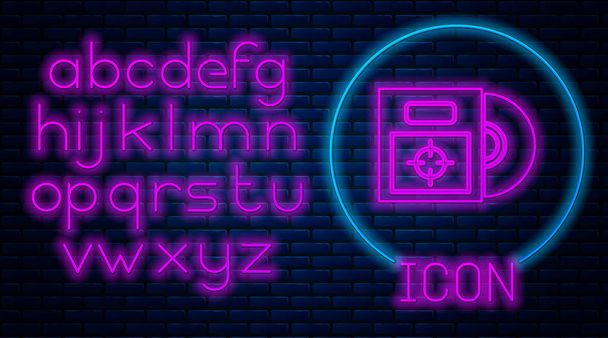 Glowing neon CD or DVD disk in box icon isolated on brick wall background. Compact disc sign. Neon light alphabet. Vector Illustration - Vector, Image
