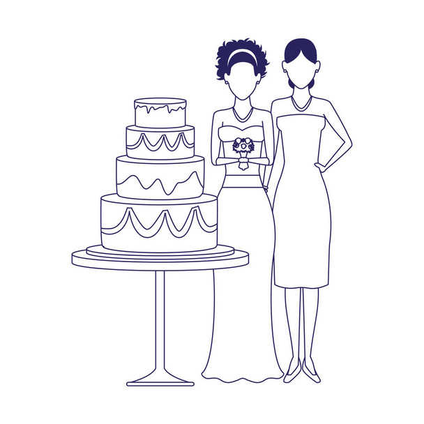 Avatar gelin ve kadın düğün pastası ikonunun etrafında duruyorlar - Vektör, Görsel