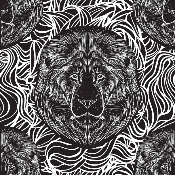 波状の背景に黒と白のライオンの頭 - ベクター画像