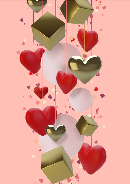Feliz tarjeta de felicitación del día de San Valentín. Corazones realistas 3d sobre fondo rojo. Amor y boda. Vector
 - Vector, Imagen