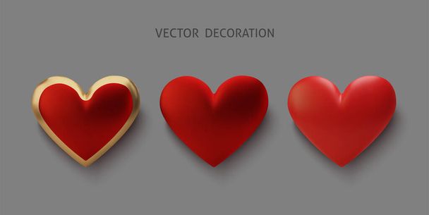 Set realista 3d de oro y corazón rojo. Feliz tarjeta de felicitación del día de San Valentín. Amor y boda. Elemento gráfico para el diseño. Ilustración vectorial
 - Vector, Imagen