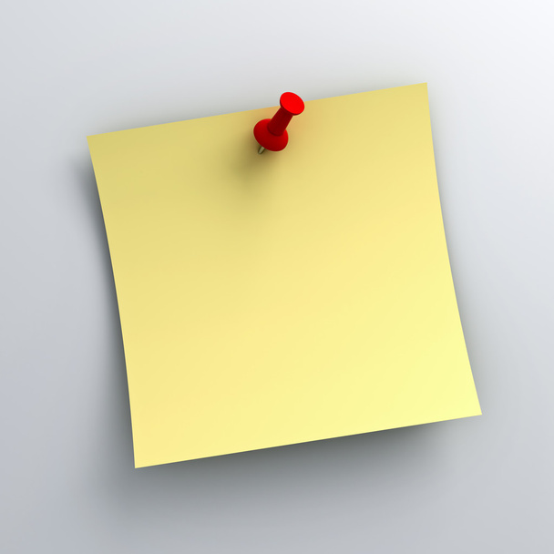 gele kleverige nota papier met rode push pins op witte achtergrond - Foto, afbeelding