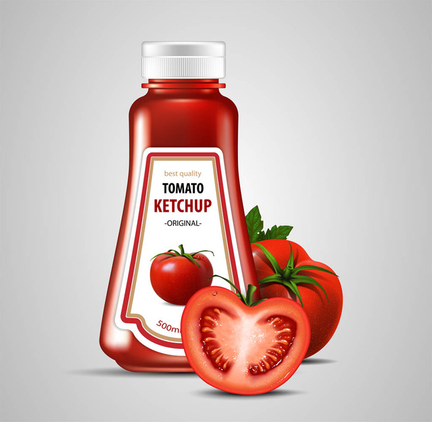A bottle of tomato ketchup and some tomatoes.  Highly realistic  - Vector, Image