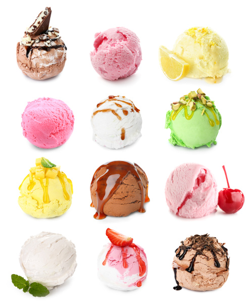 Bolas de diferentes helados sobre fondo blanco
 - Foto, imagen