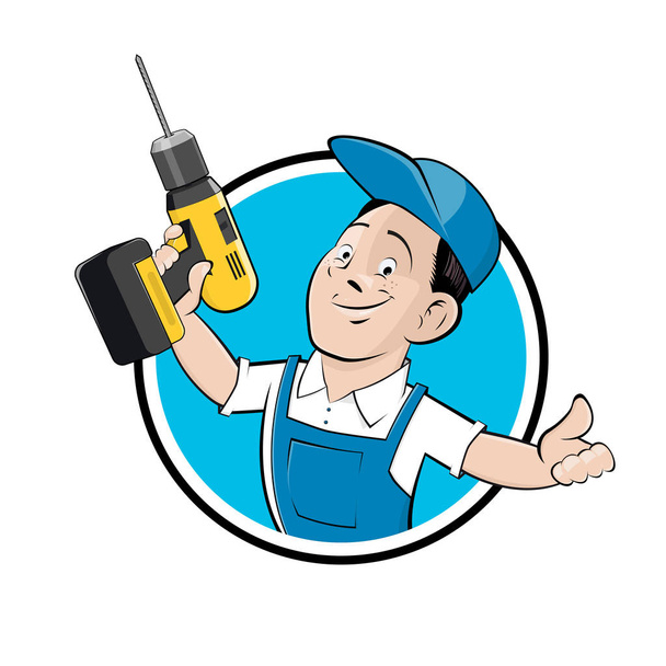 Lustiges Cartoon-Logo eines Handwerkers mit Bohrmaschine - Vektor, Bild