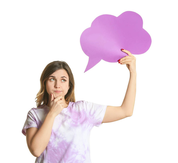 Thoughtful young woman with blank speech bubble on white background - Fotografie, Obrázek