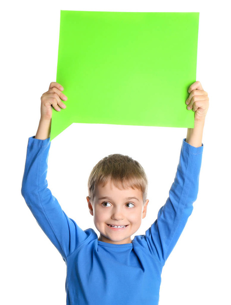 Cute little boy with blank speech bubble on white background - Photo, image