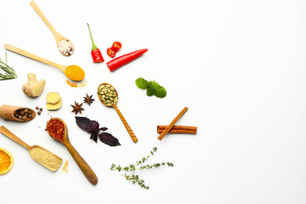 Many different spices on white background - Photo, Image