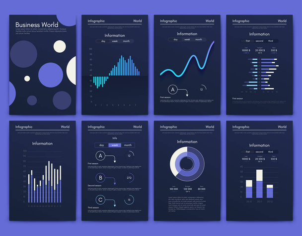 Modern infographic vector elements for business brochures. Use in website, corporate brochure, advertising and marketing. Pie charts, line graphs, bar graphs and timelines. - Vektor, obrázek