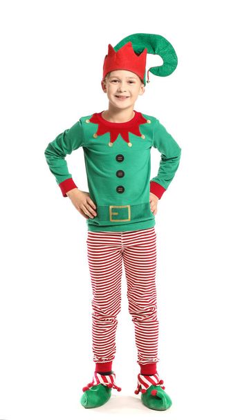 Niño en traje de elfo sobre fondo blanco
 - Foto, Imagen