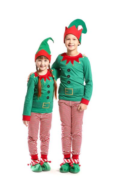 Niños pequeños disfrazados de elfo sobre fondo blanco
 - Foto, Imagen