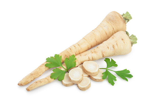 Parsley root with slices and leaves isolated on white background - Photo, Image