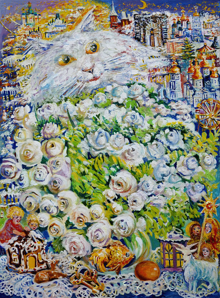 Malerei auf Leinwand. Eine weiße Katze auf dem Hintergrund einer schneebedeckten Stadt, neben einem Stillleben mit weißen Rosen. Leinwand, Öl, Bildende Kunst. - Foto, Bild