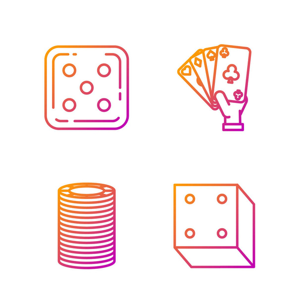 Establecer línea Juego de dados, Casino fichas, Juego de dados y la mano celebración de cartas de juego. Iconos de color degradado. Vector
 - Vector, imagen