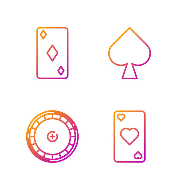 Set Line Spielkarte mit Herz-Symbol, Casino Roulette Rad, Spielkarte mit Diamanten-Symbol und Spielkarte mit Pik-Symbol. Farbverlauf-Symbole. Vektor - Vektor, Bild
