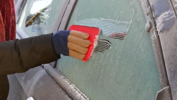 Driver cleaning frozen ice from car glass using scraper, window ice hand and tool - Filmati, video