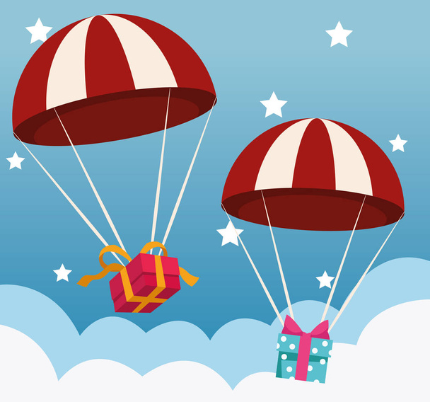 parachutes with gift boxes over sky with stars background - Vector, Image