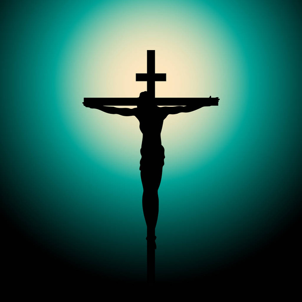 Ukrzyżowanie Jezusa Chrystusa na krzyżu o zachodzie słońca. Promienie słoneczne.Ilustracja wektora - Wektor, obraz