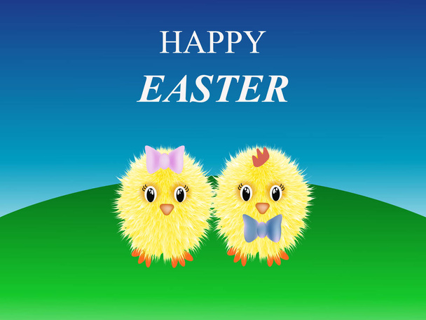 Greeting card with Happy Easter. Cute cartoon chicken. Vector illustration. - Vector, afbeelding
