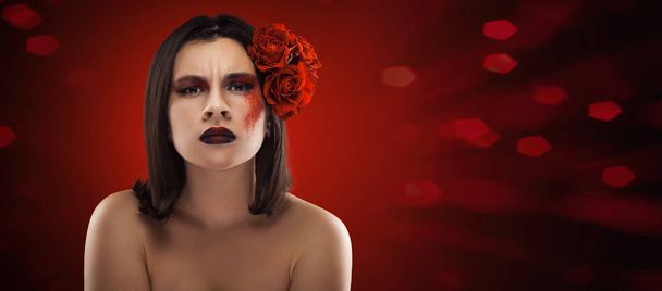 beauty womans portrait. evening make-up on the red bokeh background - 写真・画像
