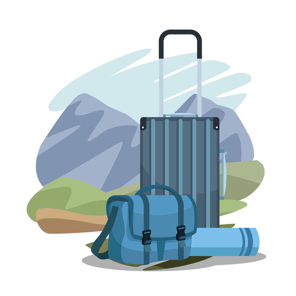 maletas de viaje sobre paisaje y saco de dormir sobre paisaje y fondo blanco
 - Vector, imagen