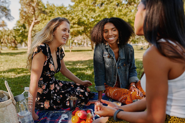 Group of smiling multiracial female best friends sitting together on blanket with fruits enjoying at picnic in the park - group of healthy friends having a picnic - Fotoğraf, Görsel
