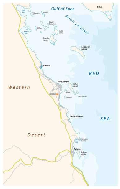 Mapa regionu kolem egyptského pobřežního města Hurghada u Rudého moře - Vektor, obrázek