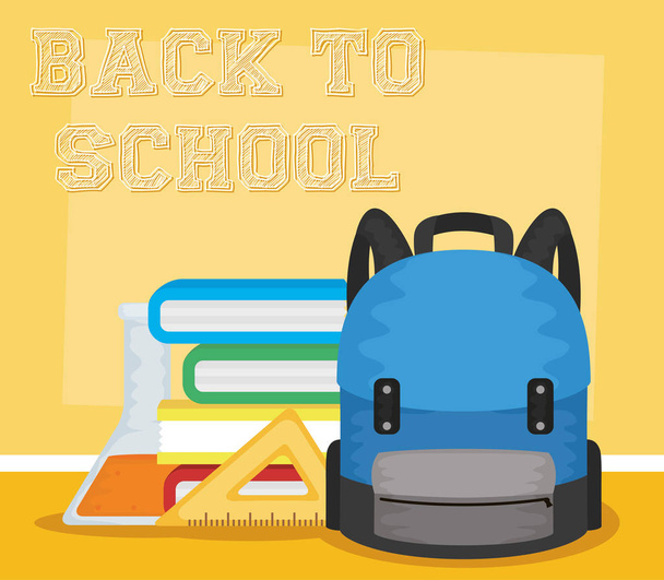 back to school card with schoolbag and pile textbooks - Vector, Image