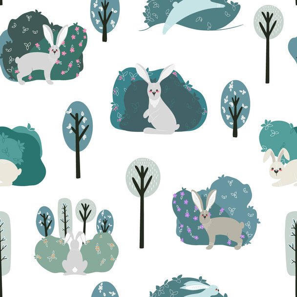 Seamless pattern with rabbit, hare and different elements. Illustration hand drawn in scandinavian style - Vecteur, image